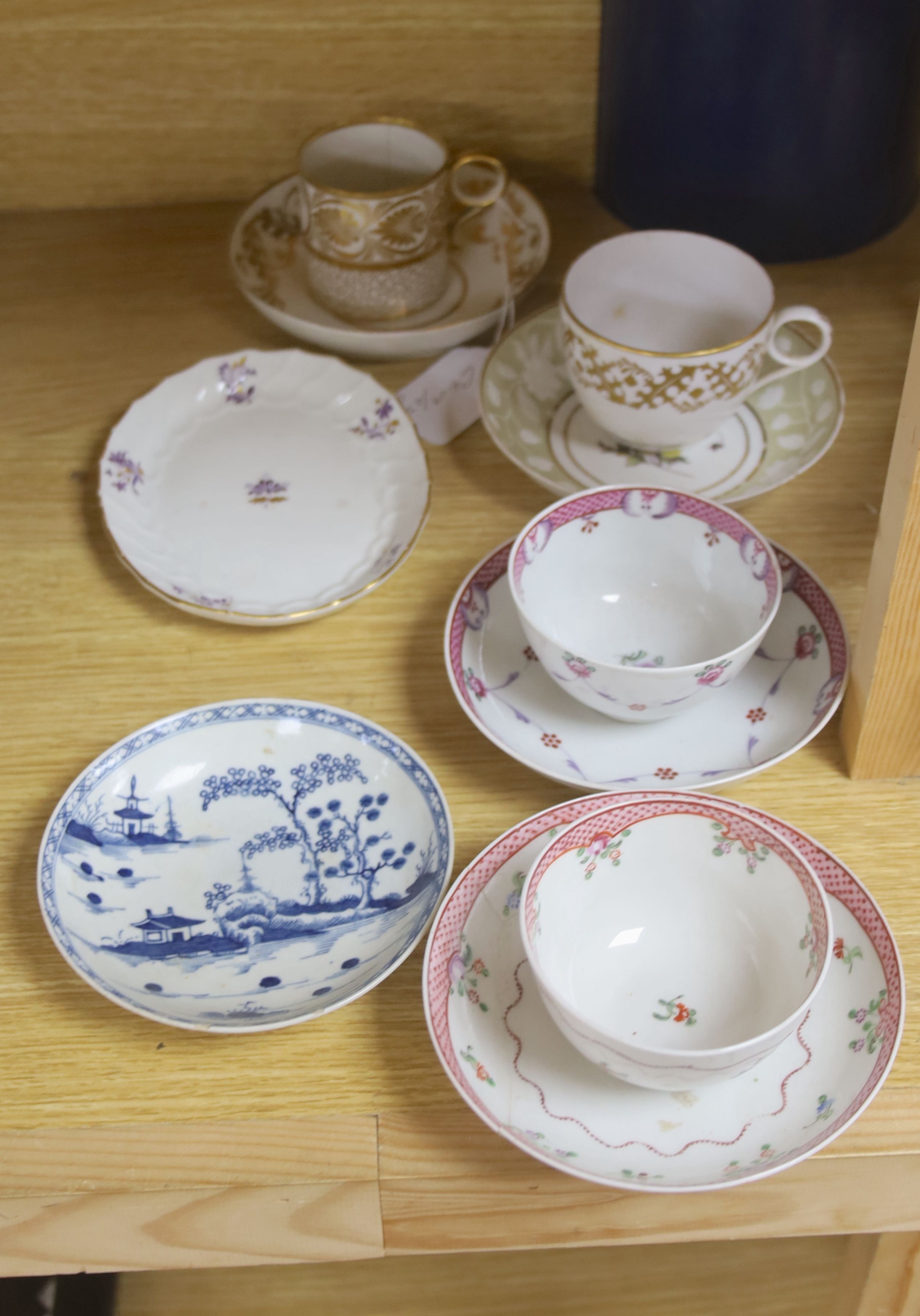 A Worcester blue and white saucer and 18th century porcelain tea wares